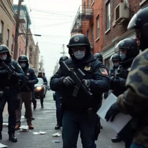 Police officers conducting a narcotics raid in a Portland neighborhood.