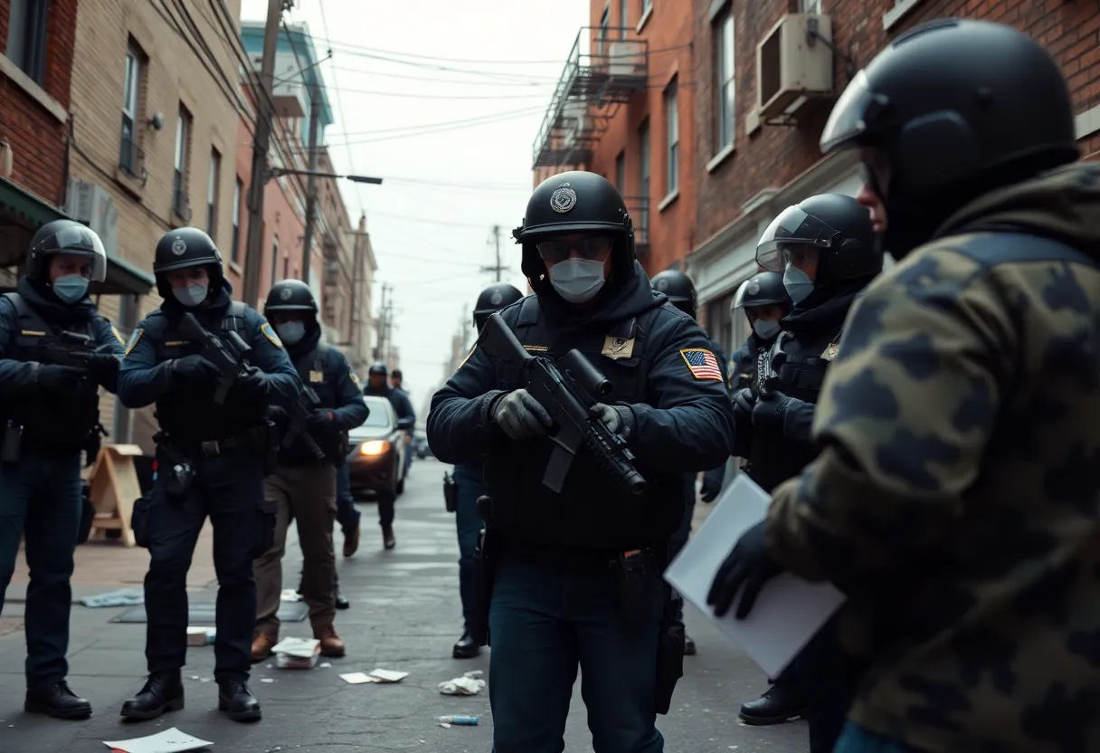Police officers conducting a narcotics raid in a Portland neighborhood.