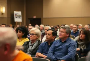 Residents voicing concerns at a public hearing about housing assistance in Louisville