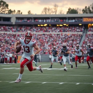 A quarterback running with the football in a crowded stadium during an overtime game.