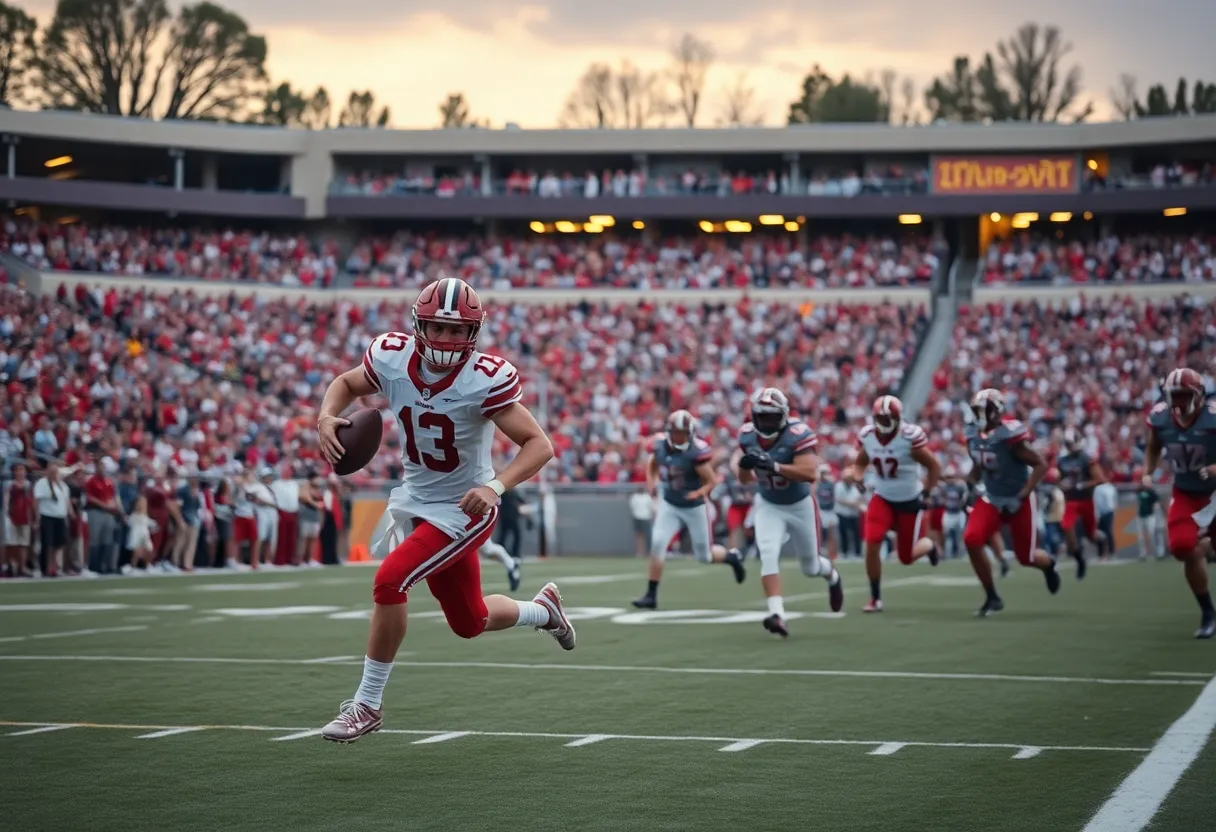 A quarterback running with the football in a crowded stadium during an overtime game.