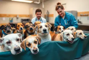 19 rescued dogs receiving care at a shelter