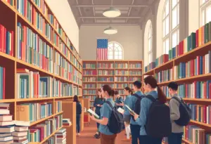Military academy library with diverse books representing free expression.