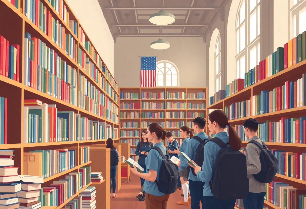 Military academy library with diverse books representing free expression.