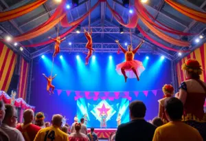 Circus performers showcasing aerial stunts and comedy acts