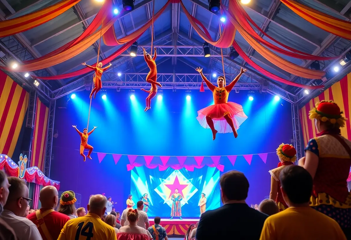 Circus performers showcasing aerial stunts and comedy acts