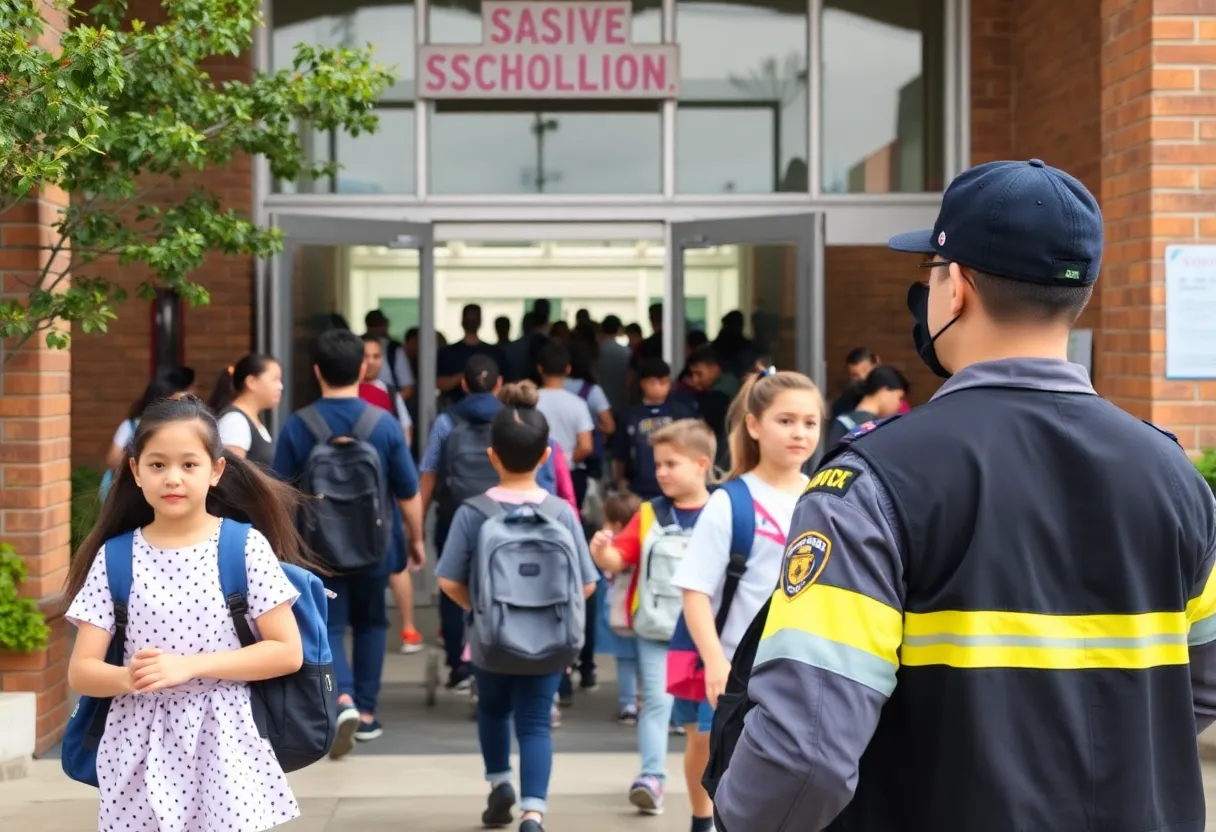 Students entering a school building with security measures implemented.