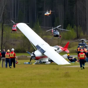Scene of a small plane crash in a wooded area with emergency responders.