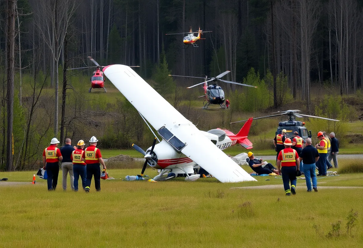 Scene of a small plane crash in a wooded area with emergency responders.