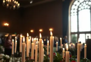 A community gathering with candles in remembrance of domestic violence victims.