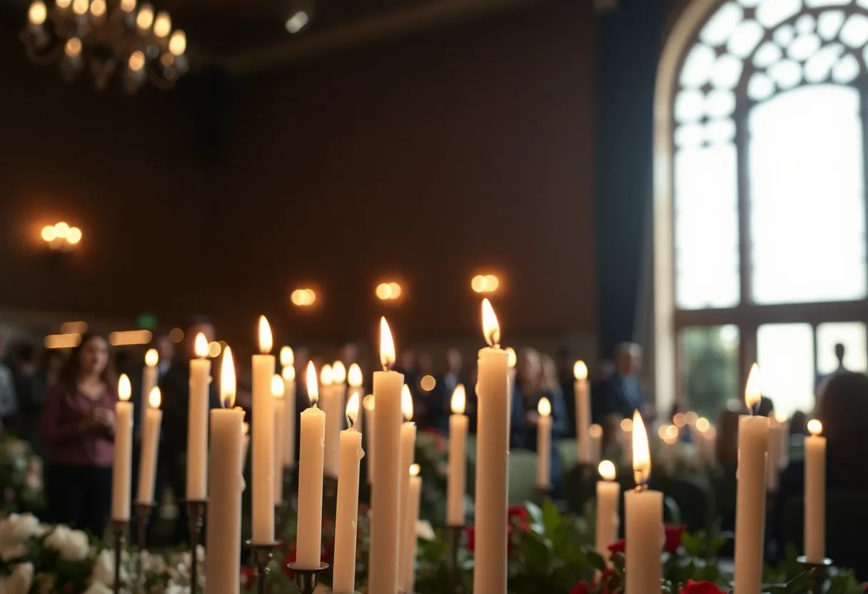 A community gathering with candles in remembrance of domestic violence victims.