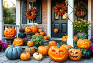 Eco-friendly Halloween decorations featuring custom-carved pumpkins.