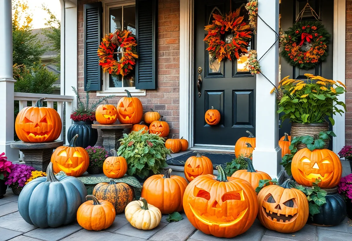 Eco-friendly Halloween decorations featuring custom-carved pumpkins.