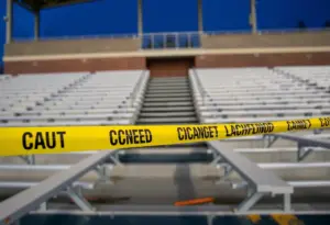 An area of bleachers at St. Xavier High School secured with caution tape following a railing collapse during a soccer match.