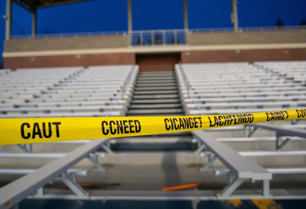 An area of bleachers at St. Xavier High School secured with caution tape following a railing collapse during a soccer match.