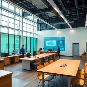 Interior view of the STEM Innovation Hub showcasing robotics labs and AI simulation rooms.