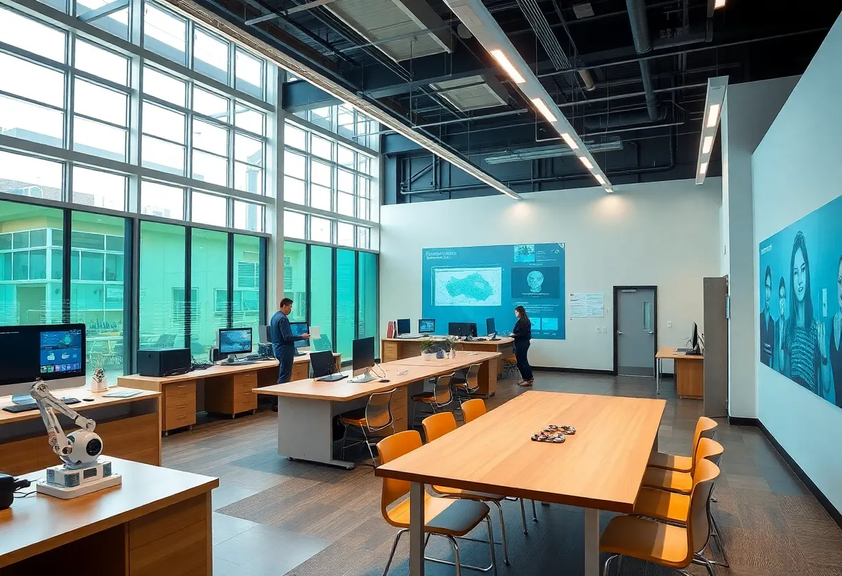 Interior view of the STEM Innovation Hub showcasing robotics labs and AI simulation rooms.