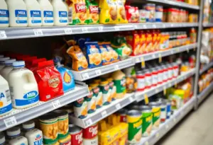 Grocery store shelves displaying store brand products