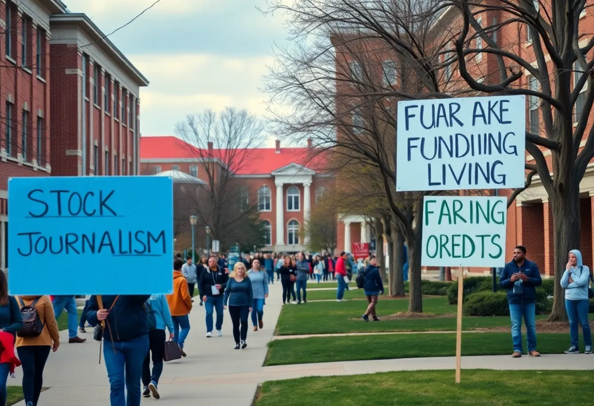 Students protesting for fair funding of student media at the University of Louisville.