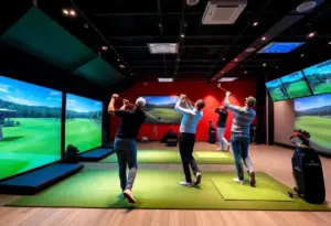 Indoor golf training at The Golf Lab with simulators and golfers