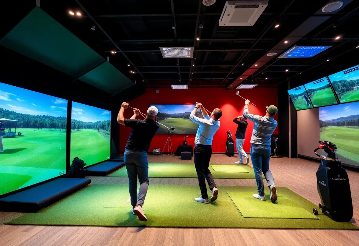 Indoor golf training at The Golf Lab with simulators and golfers