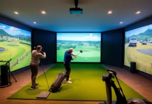 Indoor golf simulator setup at The Golffice, Louisville