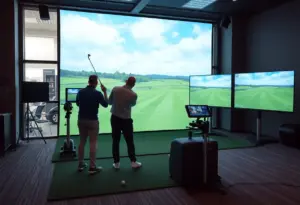 Inside view of The Golffice with golfers using simulators