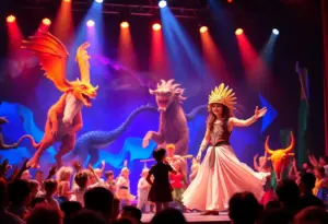 A scene from The Lightning Thief musical showcasing performers and stage effects.