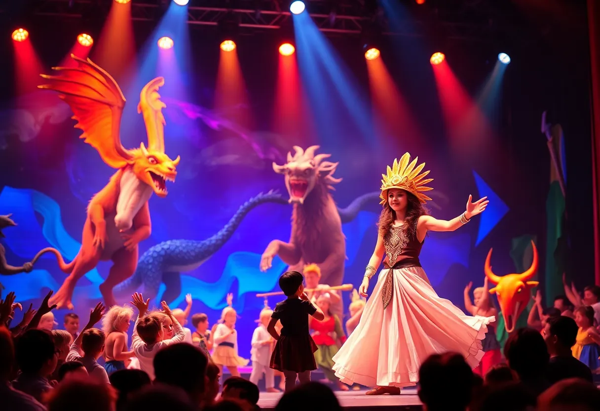 A scene from The Lightning Thief musical showcasing performers and stage effects.