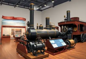 Exhibit display featuring Thomas Brennan's steamboat engine innovations.