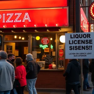 Exterior of Tony's Pizzeria with a liquor license suspension sign