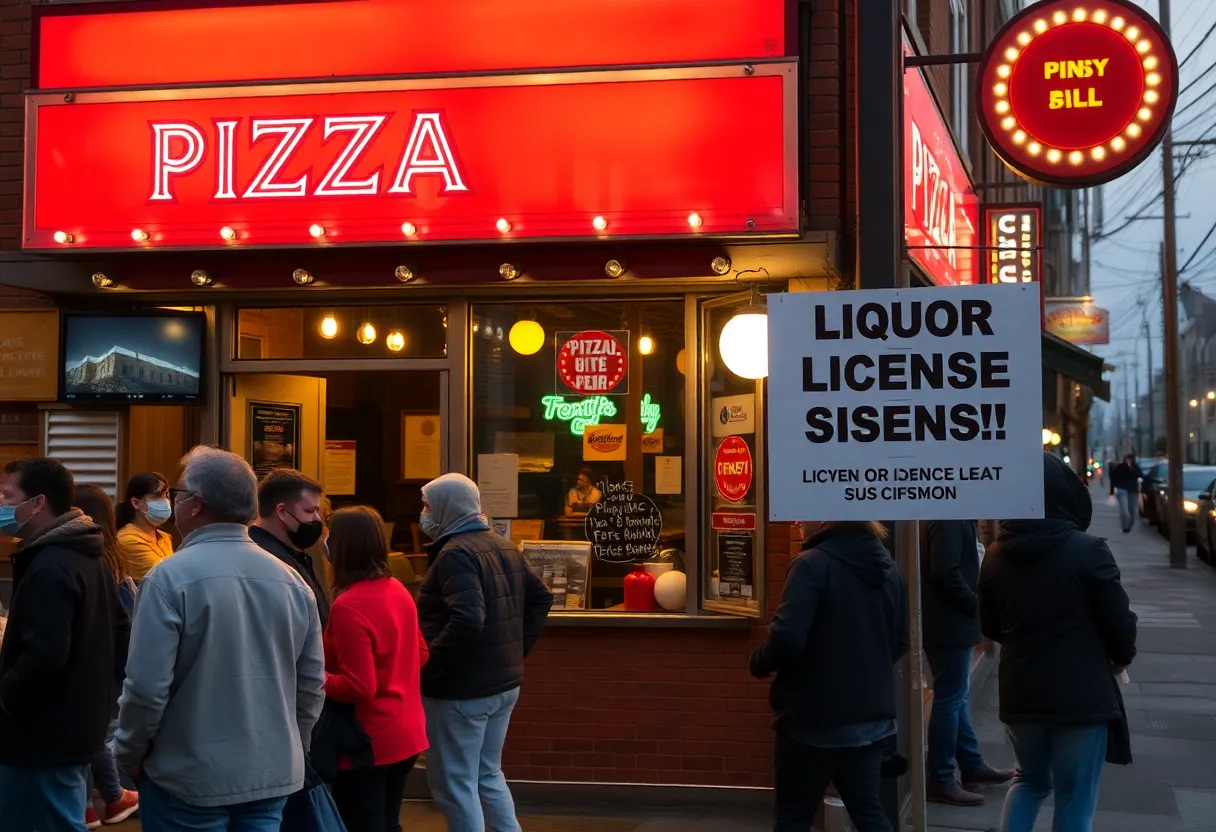 Exterior of Tony's Pizzeria with a liquor license suspension sign