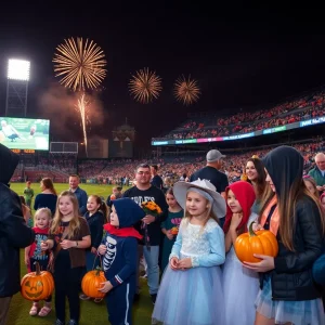 Families celebrating Halloween at Louisville Slugger Field, collecting candy and enjoying activities.