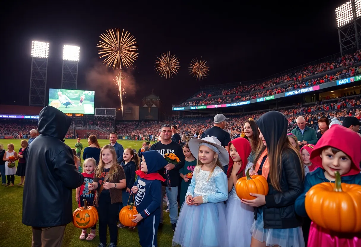 Families celebrating Halloween at Louisville Slugger Field, collecting candy and enjoying activities.