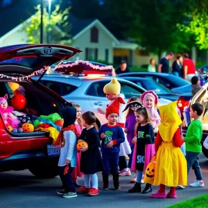 Families celebrating Halloween at a trunk-or-treat event in Louisville