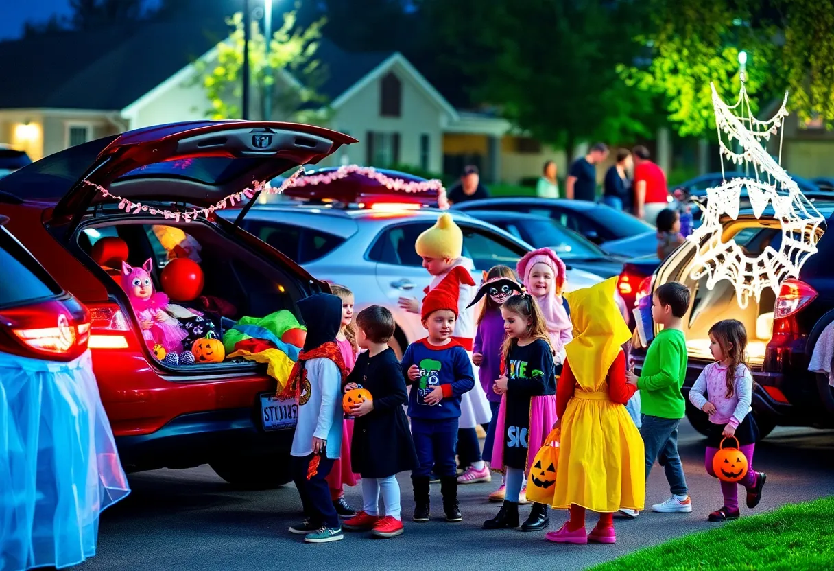 Families celebrating Halloween at a trunk-or-treat event in Louisville