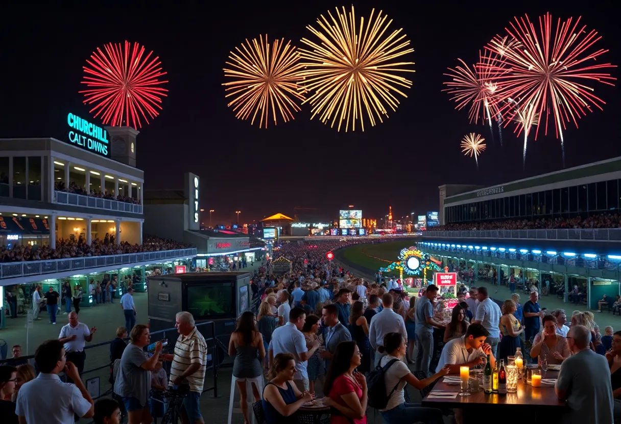 Crowd enjoying twilight racing at Churchill Downs with fireworks.