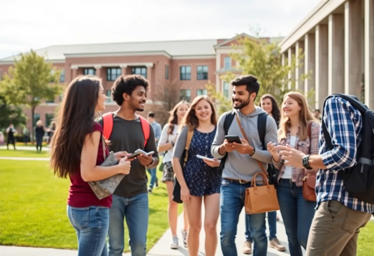 Students on the University of Kentucky campus discussing and engaging in activities.