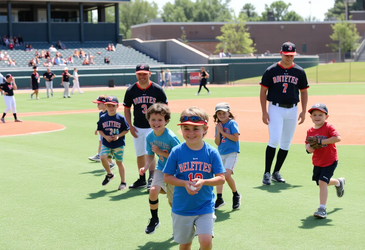 University of Louisville baseball players mentoring Miracle League children at Jim Patterson Stadium