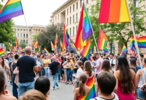 Crowd celebrating at the University of Louisville pride event with rainbow flags.