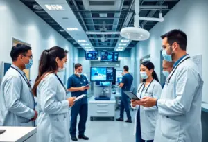 UofL Health staff collaborating in a modern hospital setting.