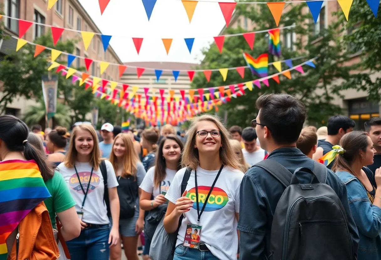 Celebration during University of Louisville Pride Week with rainbow decorations