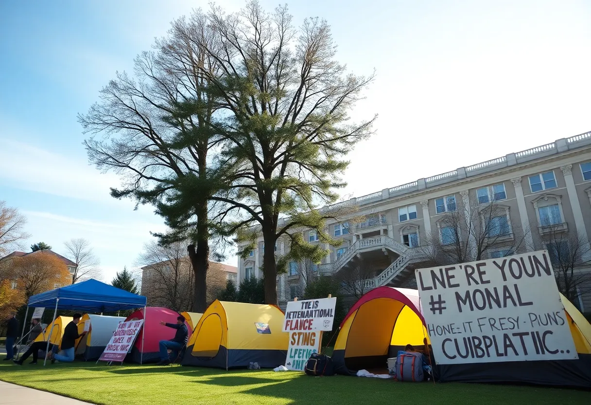 Students at University of Louisville protesting with banners and tents.