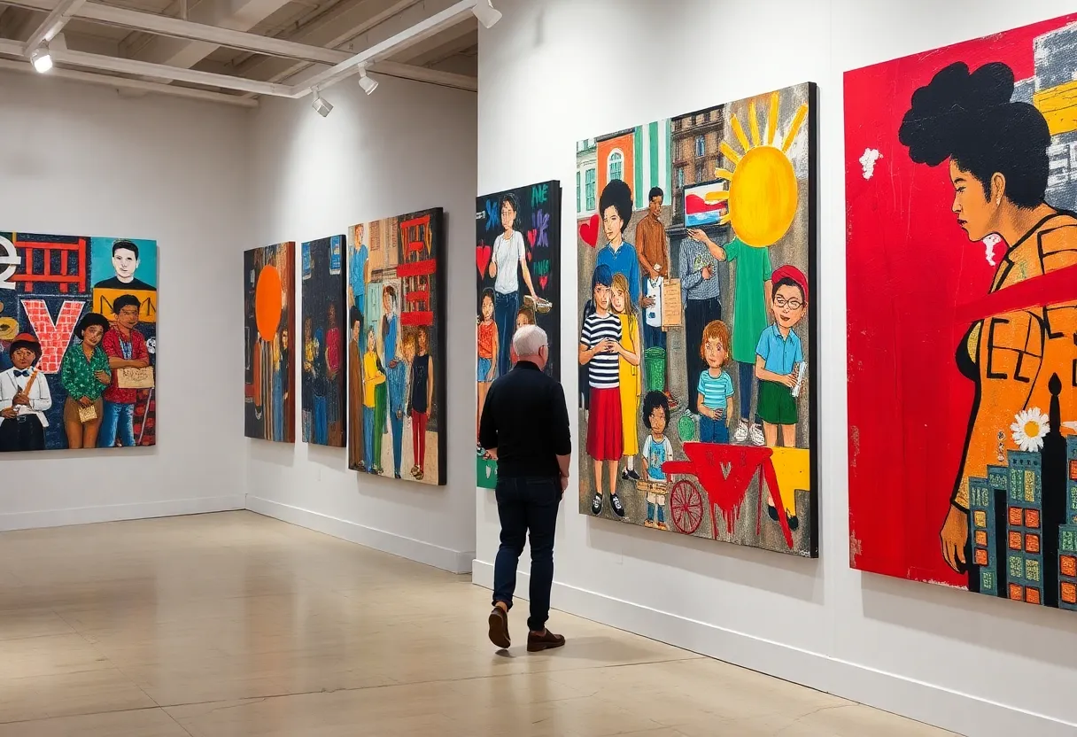 Mixed-media artworks displayed in the Urban Echoes exhibit at the Speed Art Museum.