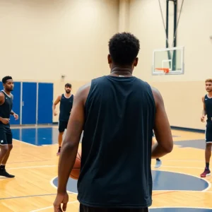 Basketball players practicing on a court