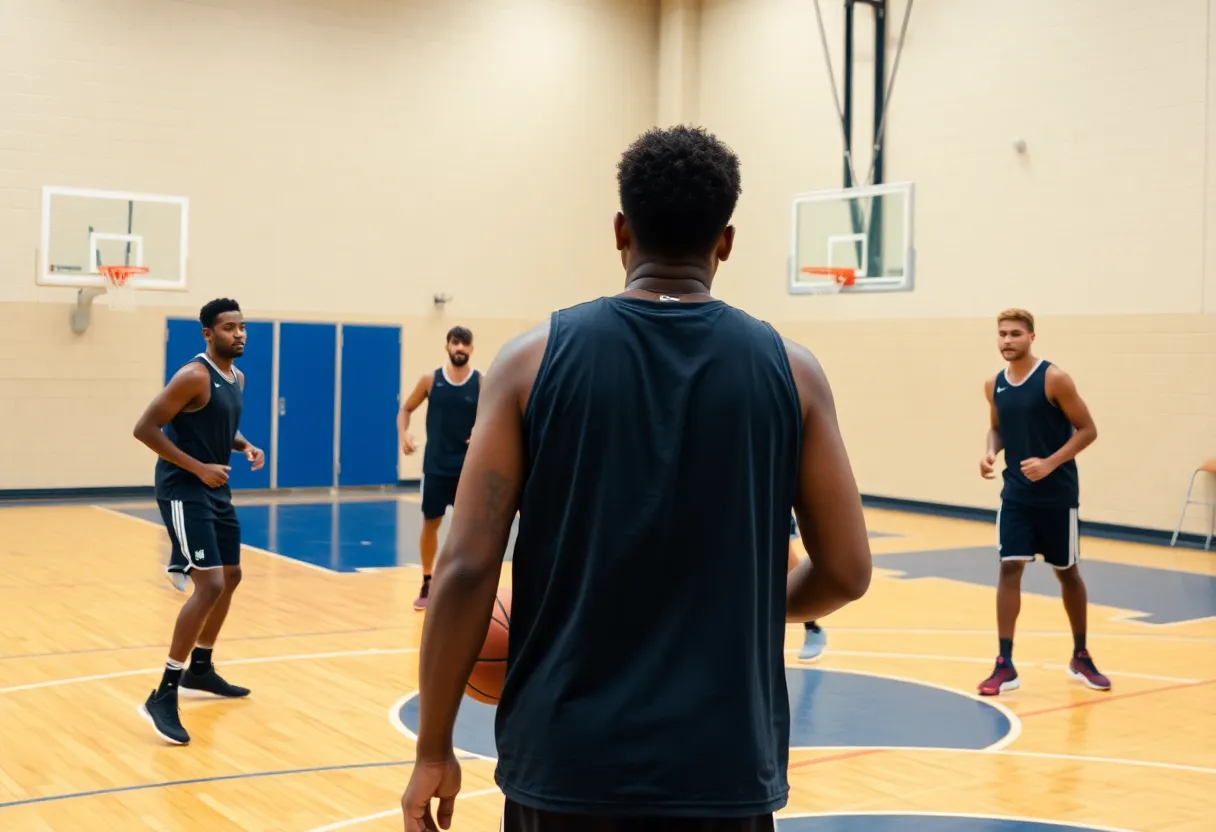 Basketball players practicing on a court