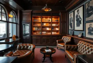 Interior view of The Vault Cigar Lounge showcasing leather lounges and a humidor.