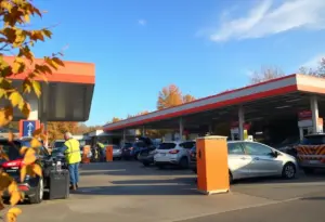 Technicians checking vehicle batteries at a service station in Louisville during fall.