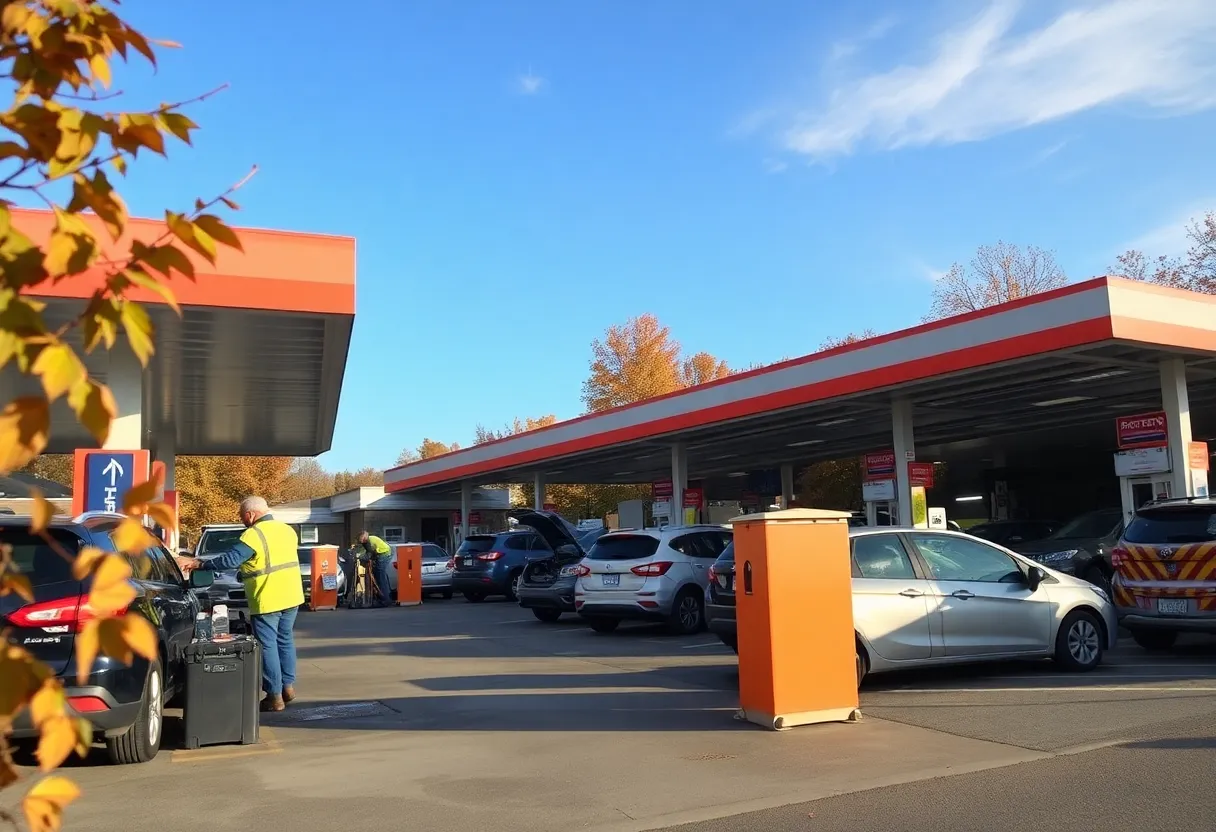 Technicians checking vehicle batteries at a service station in Louisville during fall.