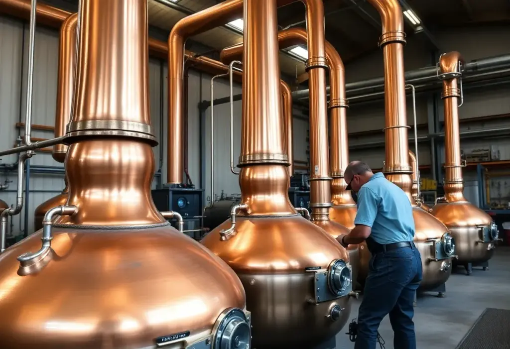 Craftsmen at Vendome Copper & Brass Works creating copper stills for whiskey production